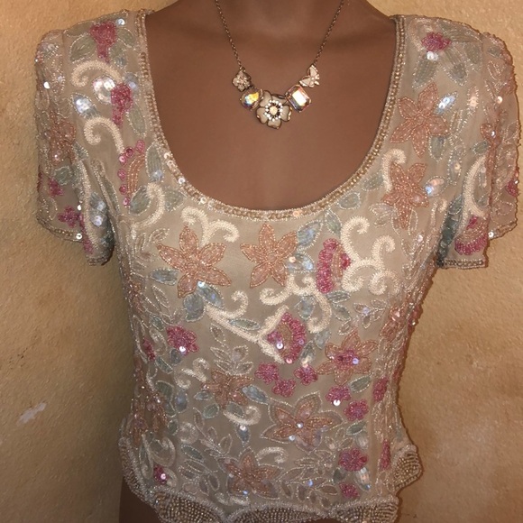 Easter Dream Vtg Adrianna Papell Silk beaded top - Picture 2 of 10